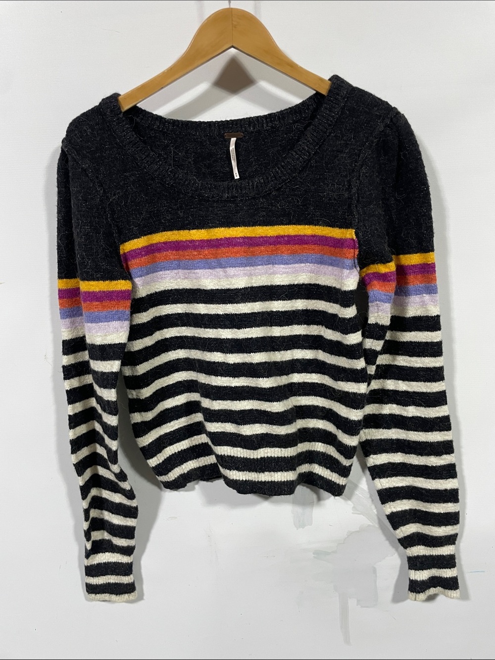 Free People Black Crewneck Sweater with Multicolor Stripe Accents